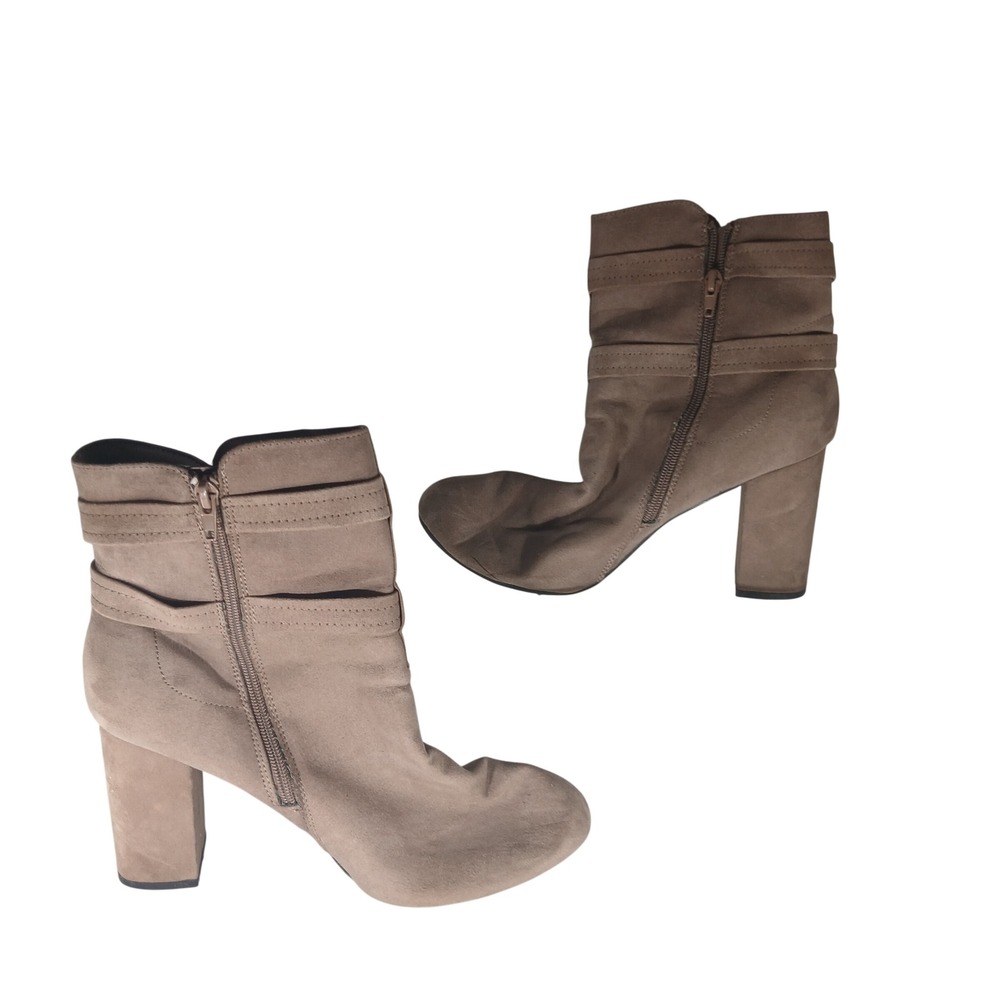 Christian Siriano Ankle Boots 12 Taupe Faux Suede Block Heel Buckle Moto
